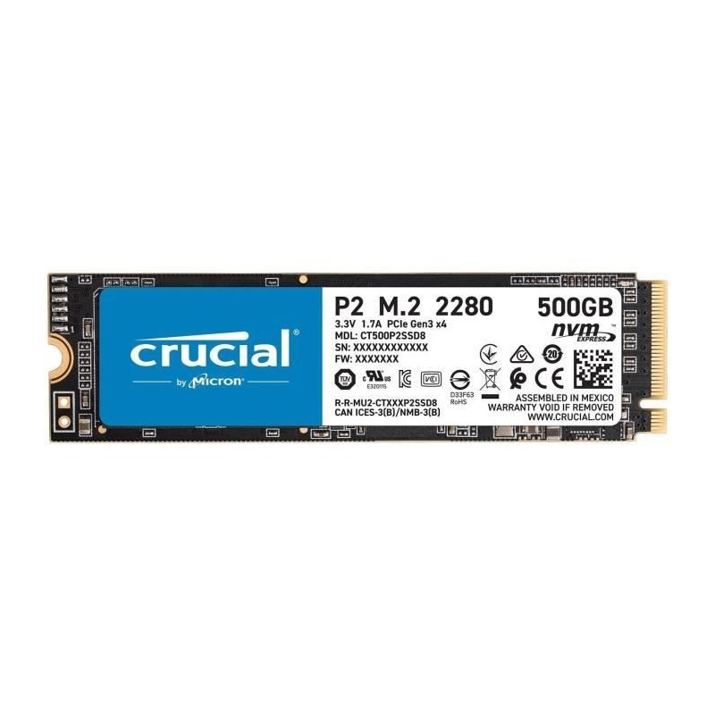 CRUCIAL 500Go SSD P2 3D NAND NVMe™ - Format M.2 NVMe (CT500P2SSD8)