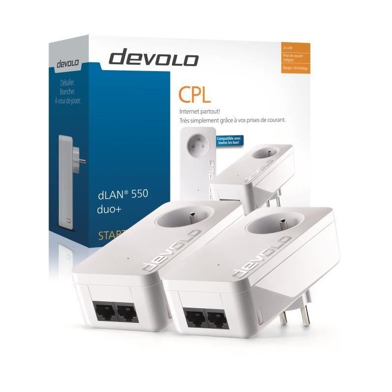 DEVOLO dLAN 550 Duo+ Satrer Kit 2 CPL 500 Mbit/s - 2 ports Fast Ethernet -  Prise Filtrée Intégrée avec Quadrimedia