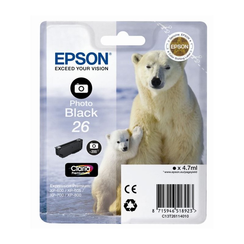 EPSON T2611 Noir photo T26 Ours Polaire Cartouche d'encre (C13T26114010)