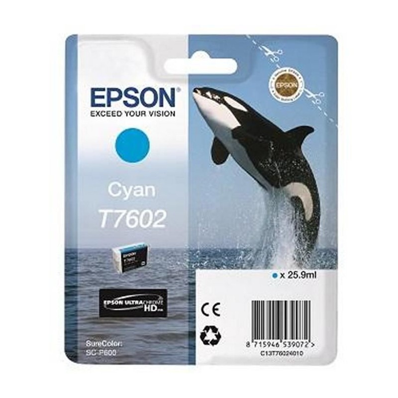 EPSON T7602 Cyan Cartouche d'encre Orque (C13T76024010) pour SureColor P600, SC-P600