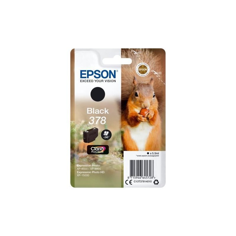 EPSON 378 Noir Ecureuil Cartouche d'encre (C13T37814010) pour XP-8500, XP-8605