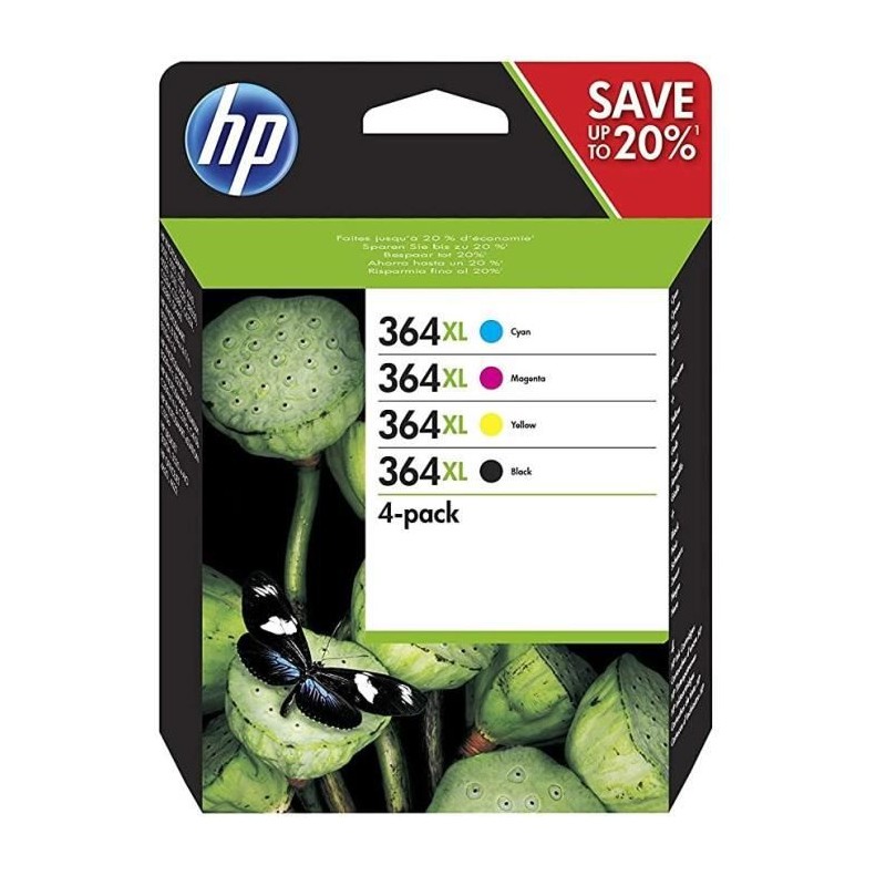 HP 364XL Pack de Cartouches d'encre Noir, Cyan, Magenta et Jaune grande capacité authentiques (N9J74AE)