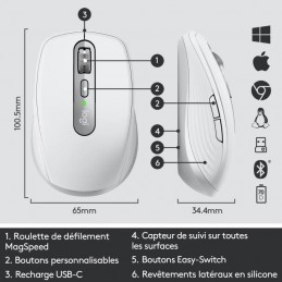 LOGITECH MX Anywhere 3 Gris Souris sans fil Ergonomique - Bluetooth - USB (910-005989) - vue caractéristiques