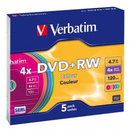 DVD+RW 4,7GB / 120MIN VERBATIM ÉCRITURE 4X COULEUR - PACK DE 5 DVD+RW - vue de trois quart
