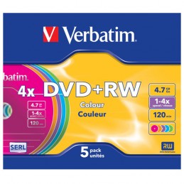 DVD+RW 4,7GB / 120MIN VERBATIM ÉCRITURE 4X COULEUR - PACK DE 5 DVD+RW - vue de face