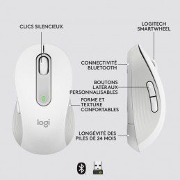 LOGITECH Signature M650 L Blanc Souris Sans Fil Droitier Grande Taille Silencieuse, Bluetooth, Programmable - vue boutons