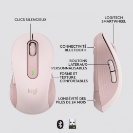 LOGITECH Signature M650 Rose Souris Sans Fil - Silencieuse, Bluetooth, Boutons Programmables (910-006254) - vue caractéristiques