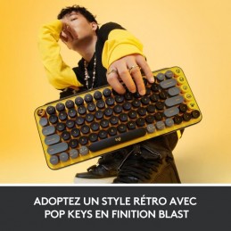 LOGITECH POP Keys Jaune Clavier Sans Fil Mécanique - Touches Emoji - Bluetooth - vue style rétro