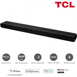 TCL TS8211 Noir Barre de son Dolby Atmos 2.1 avec caisson de basse intégré - 260W - HDMI - Compatible Alexa - vue de trois quart
