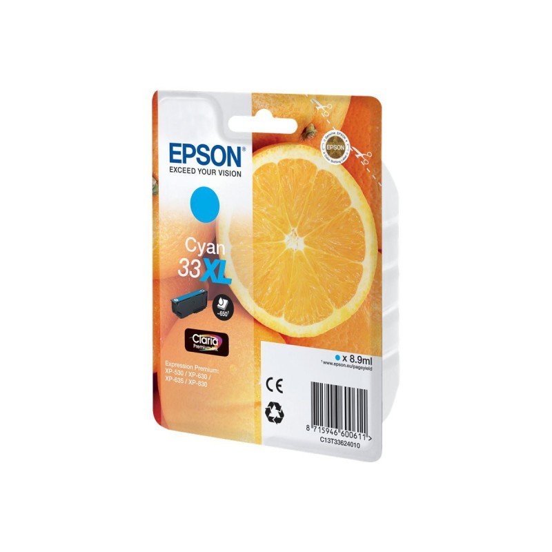 EPSON T3362 Cyan XL Cartouche d'encre 33 Oranges (C13T33624012) pour XP-530, XP-900 - vue de trois quart