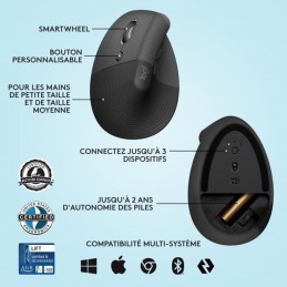 Logitech Lift Left Ergonomique Verticale Souris Sans Fil pour gaucher (910-006474) - vue caractéristiques