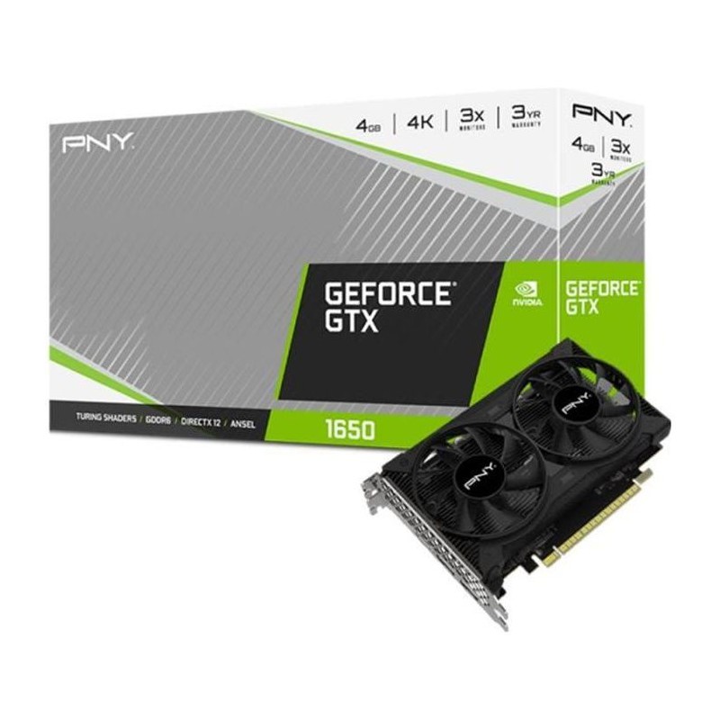 PNY GTX-1650 Carte graphique 4Go nVIDIA Dual Fan - HDMI, 2x DP (VCG16504D6DFPPB) - vue emballage