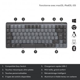 LOGITECH MX Mini Graphite Clavier Sans Fil Mécanique Rétroéclairé AZERTY (920-010774) - vue caractéristiques