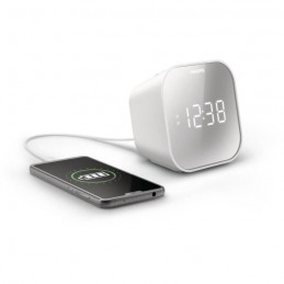 PHILIPS TAR4406 Blanc Radio Réveil - Finition miroir - Chargeur téléphone USB - vue charge smartphone