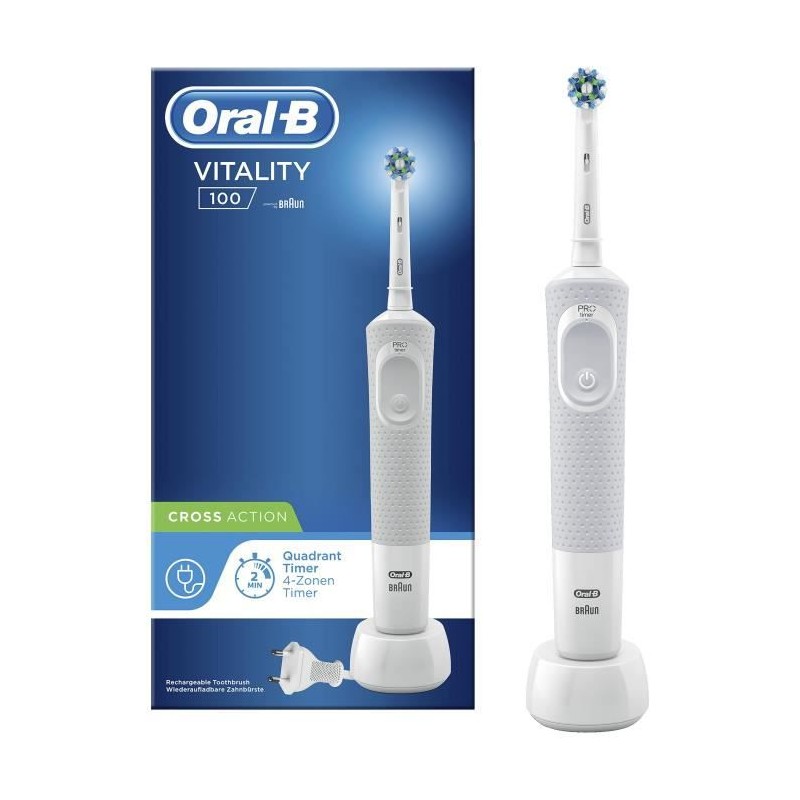 ORAL-B Vitality 100 Blanc Brosse a Dents Électrique Rechargeable, 1 Manche, 1 Brossette CrossAction