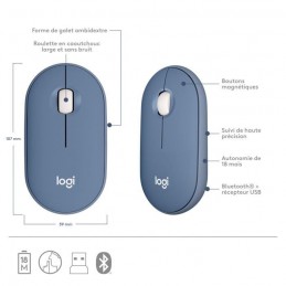 LOGITECH M350 PEBBLE Blueberry Souris sans fil - nano récepteur USB (910-006753) - vue caractéristiques