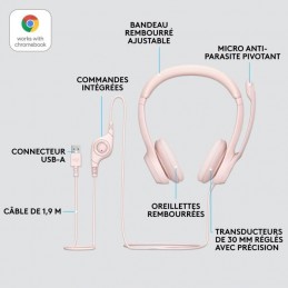 LOGITECH H390 Rose Casque Filaire Stéréo avec Microphone Antibruit, USB-A (981-001281) - vue caractéristiques