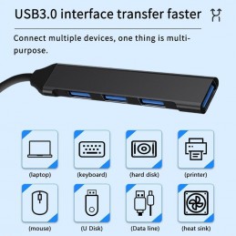 HUB USB Slim Noir - 1x Port USB 3.0 - 3x Ports USB 2.0 - Cable Intégré 20cm - vue interface