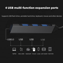 HUB USB Slim Noir - 1x Port USB 3.0 - 3x Ports USB 2.0 - Cable Intégré 20cm - vue multi-fonction