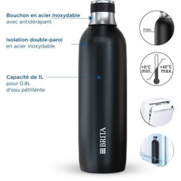 BRITA Bouteille Noir pour sodaTRIO 1L pour gazéifier environ 0.8L - acier inoxydable - vue caractéristiques