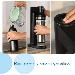 BRITA Bouteille Noir pour sodaTRIO 1L pour gazéifier environ 0.8L - acier inoxydable - vue remplissez, vissez et gazéifiez