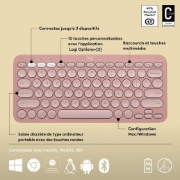 LOGITECH Pebble Keys 2 K380S Rose Clavier sans fil Bluetooth (920-011805) - vue caractéristiques