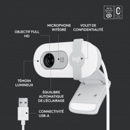 LOGITECH Brio 100 Webcam Full HD 1080p Blanc - Microphone intégré (960-001617) - vue caractéristiques