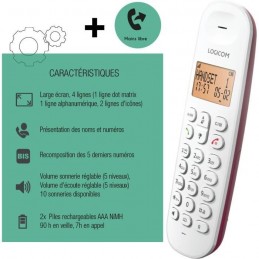 LOGICOM ILOA 150 SOLO Framboise Téléphone fixe sans fil DECT - Sans répondeur - vue caractéristiques combiné