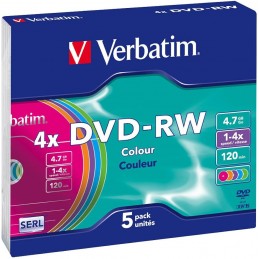 DVD-RW 4,7GB / 120MIN VERBATIM ÉCRITURE 4X COULEUR RÉINSCRIPTIBLE - PACK DE 5 DVD-RW - vue emballage