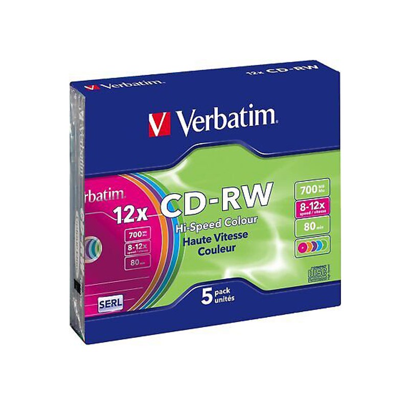 CD-RW 700MB / 80 MN VERBATIM HI-SPEED COLOUR 8-12X RÉINSCRIPTIBLE - PACK DE 5 CD-RW