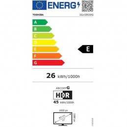 TOSHIBA 32LV2E63DG TV LED 32'' (80 cm) Full HD - HDR10 - TV connecté Smart TV - 2x HDMI - WiFi - vue étiquette énergétique