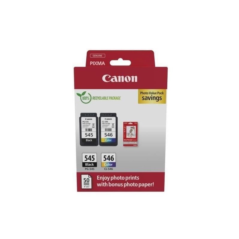 CANON PG-545 Noir + CL-546 Couleur Pack de 2 cartouches d'encre + pack papiers photo (8287B008)