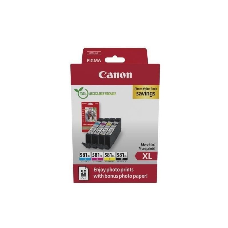 CANON CLI-581XL Pack 4 cartouches d'encre Noir, Cyan, Magenta, Jaune XL + pack papiers photo (2052C006)