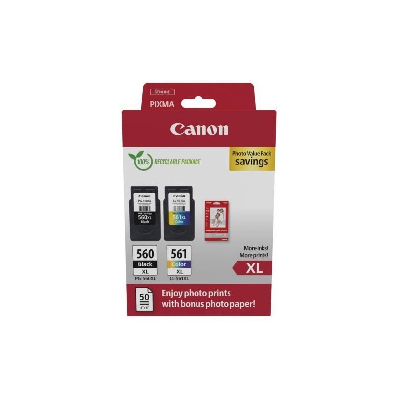 CANON PG-560XL Noir + CL-561XL Couleur Pack de 2 cartouches d'encre + pack papiers photo (3712C008)