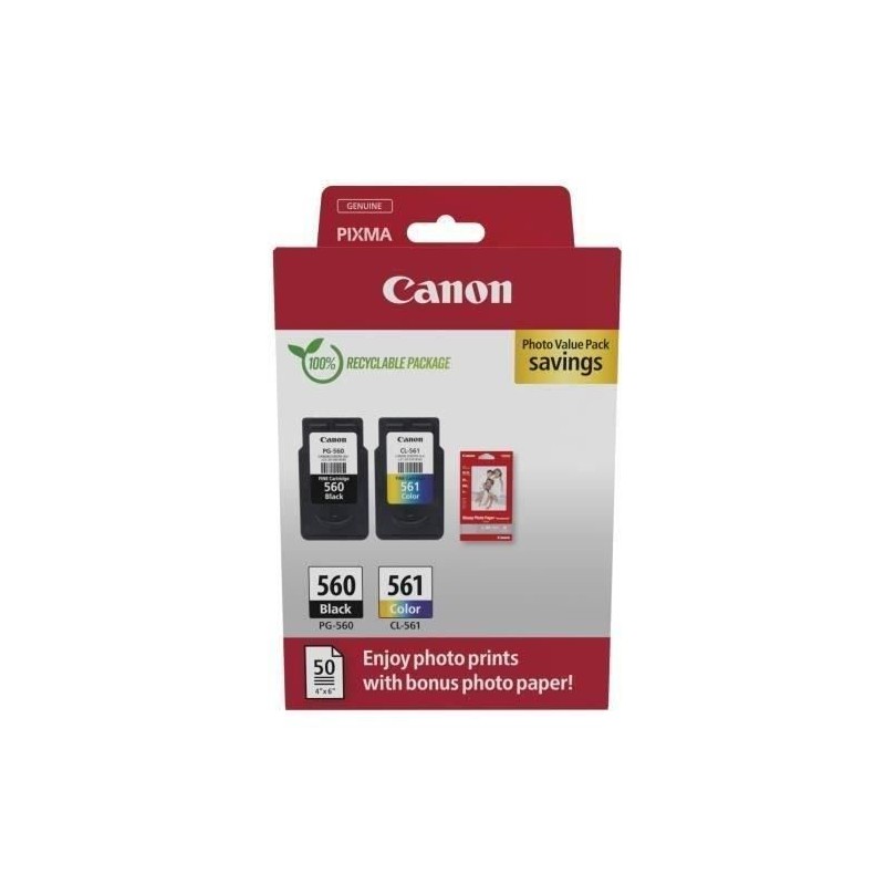 CANON PG-560 Noir + CL-561 Couleur Pack de 2 cartouches d'encre + pack papiers photo (3713C008)