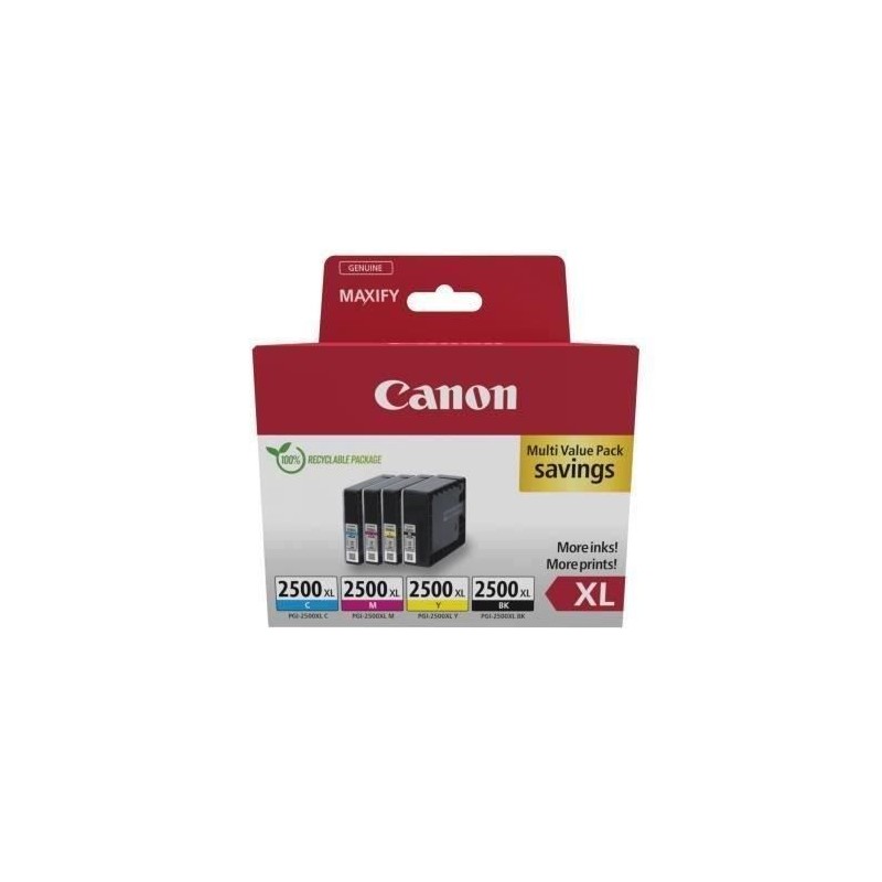 CANON PGI-2500XL Pack (9254B010) Noir, Cyan, Magenta, Jaune XL pour Maxify MB 5050, 5450