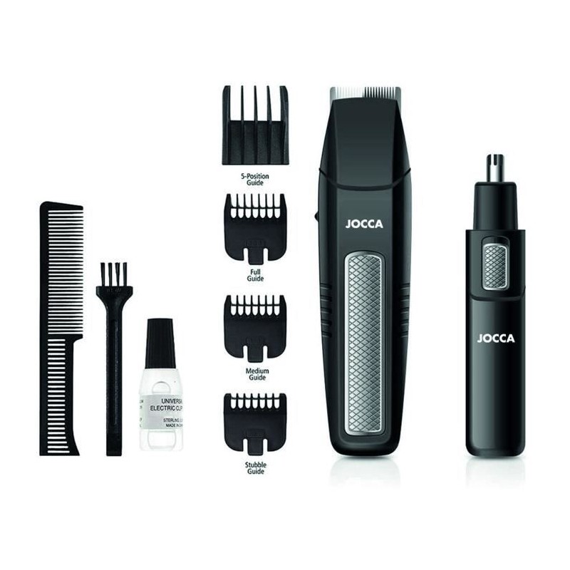 JOCCA 1439 Kit Tondeuse Barbe 5 en 1 - 3V - 4 sabots - Noir et acier inoxydable