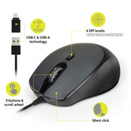 PORT CONNECT 900711 Noir Souris filaire 3 boutons - USB, USB-C - vue caractéristiques