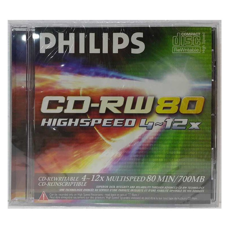 CD-RW 700Mb / 80Min PHIILIPS écriture 4-12X Réinscriptible (Boite Crystal)