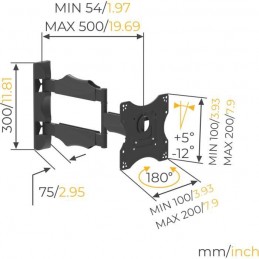 NANOOK 5392030 Support Mural TV orientable et inclinable pour Téléviseur de 19'' à 43'' - vue dimensions