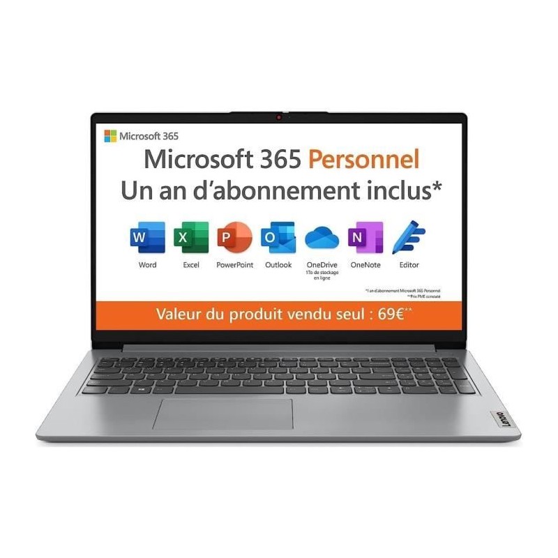 LENOVO IdeaPad 1 15IGL7 PC Portable 15'' FHD - N4500 - RAM 4Go - 128Go - W11 - AZERTY LENOVO IdeaPad 1 15IGL7 PC Portable 15'' FHD - N4500 - RAM 4Go - 128Go - W11 - AZERTY