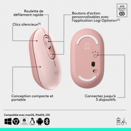 LOGITECH Pop Mouse Rose Souris Sans fil (910-007413) - vue caractéristiques