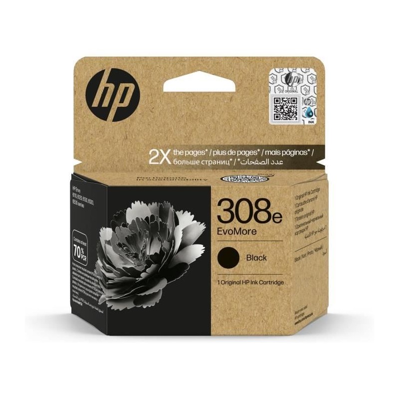 HP 308e Noir Cartouche d'encre authentique EvoMore (7FP22UE) HP Envy 6100, 6110, 6120, 6130, 6520, 6530