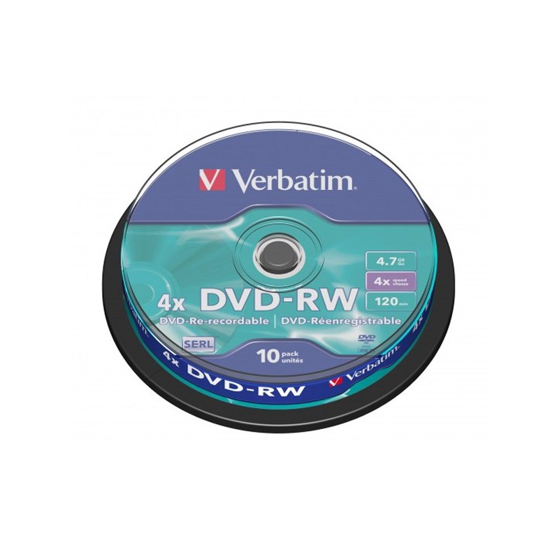 DVD-RW 4,7GB / 120MIN VERBATIM ÉCRITURE 4X MATT SILVER RÉINSCRIPTIBLE - CAKEBOX DE 10 DVD-RW