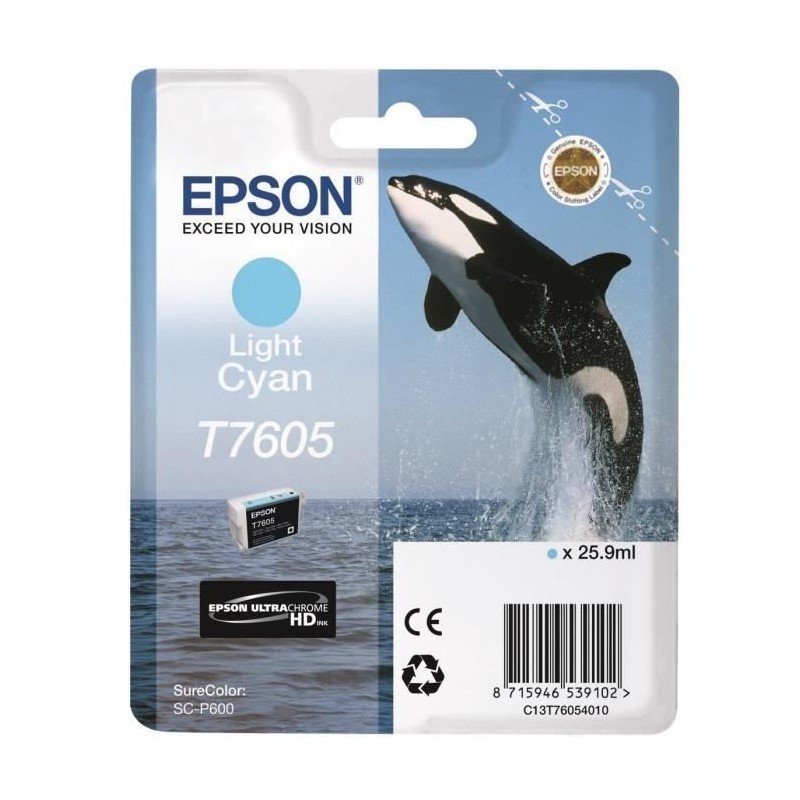 EPSON T7605 Cyan Clair Cartouche d'encre Orque (C13T76054010) pour SureColor P600, SC-P600