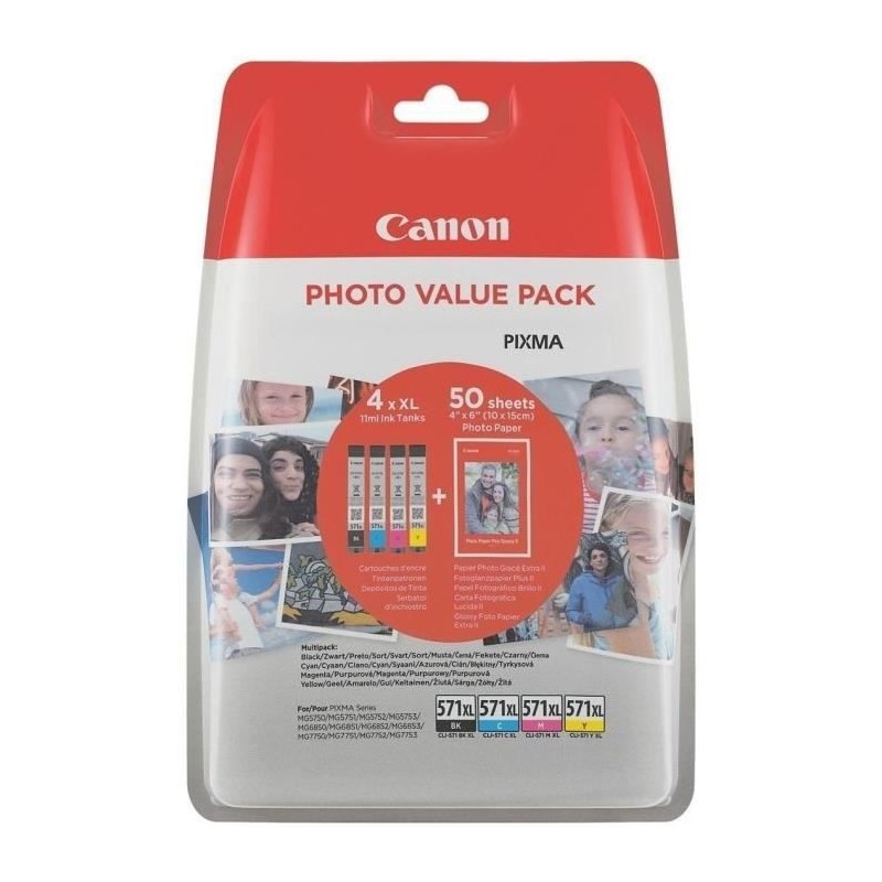 CANON CLI-571XL Pack Cyan, Magenta, Jaune, Noir et 50 feuilles papier photo