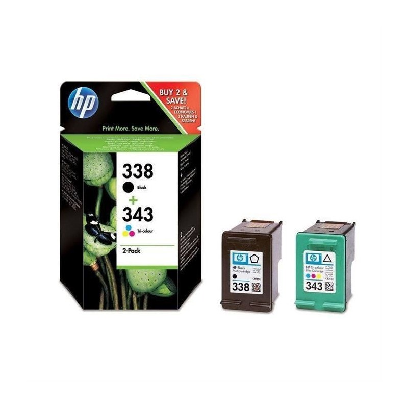 HP 338/343 Pack SD449EE Cartouches d'encre Noir + Trois Couleurs authentiques pour Photosmart 2570/C3170 et PSC 1510/1600